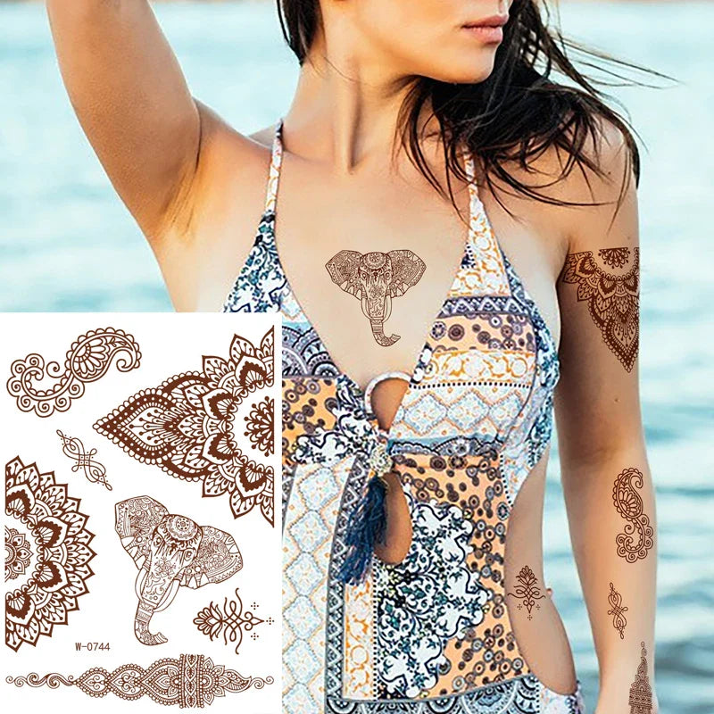 sengpan Brown Henna Temporary Tattoos for Women Henna Design Stickers for Hand Neck Body Art for Wedding Flora Hena Tattoo Waterproof