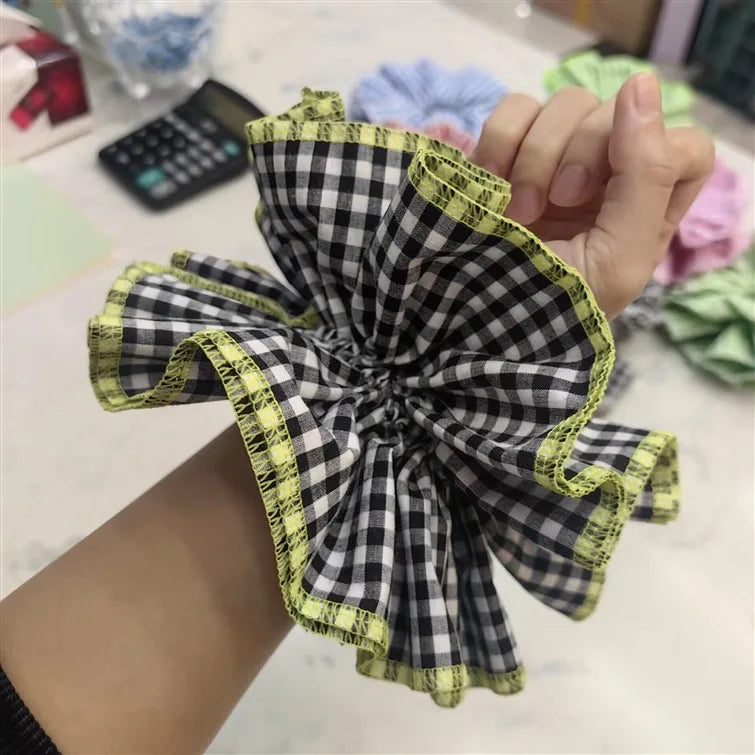 sengpan Small Design Hair Scrunchies For Woman Summer Cute Four Layer Plaid Headwear Pure Cotton Edge Extra Large Intestinal Hair Loop