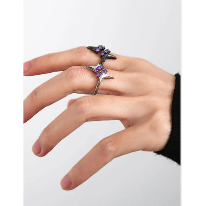 sengpan Amethyst Opening Ring Four-pointed Star Silver Color Black Hipster Alloy Sweet Punk Cool All-match Fashion Jewelry Girls Gift