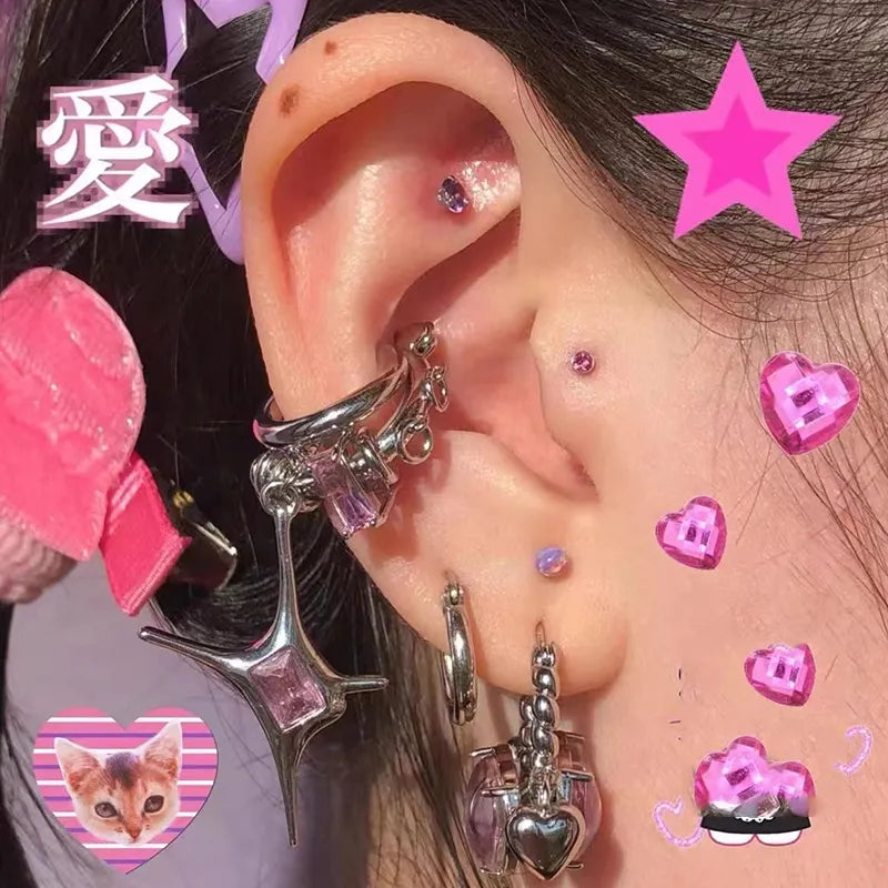 sengpan Y2k Accessories Pink Bling Crystal Heart Earrings Korean Fashion Irregular Star Earrings for Women's 2000s Jewelry Aesthetic