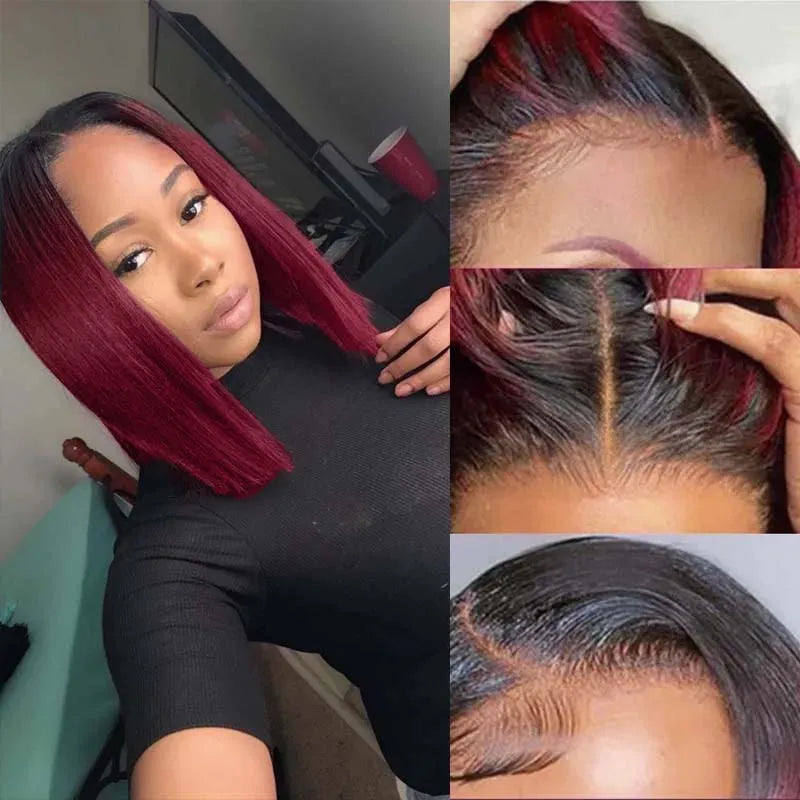 sengpan 1B/Burgundy Straight Bob Wig Ombre Red With Dark Roots 1B/99J Wig Free Part Straight Short Bob Wig Colored Wigs (Ombre 99J Wig) 