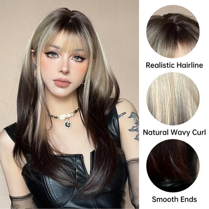 sengpan Ombre Synthetic Straight Cosplay Women Hair Platinum Blonde to Black Hair Long Layered Natural Wigs with Bangs for White Women