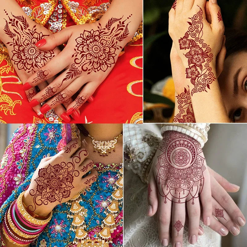 sengpan Waterproof Brown Henna Tattoo Sticker for Women Temporary Flower Fake Tattoo for Hand Wedding Party Festival Body Art Decoration