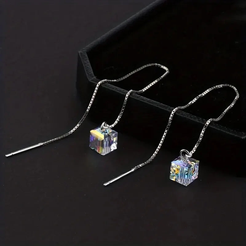 sengpan Threader Earrings for Women Hypoallergenic Silver Color Long Dangle Earrings Austria Crystals Drop Earrings