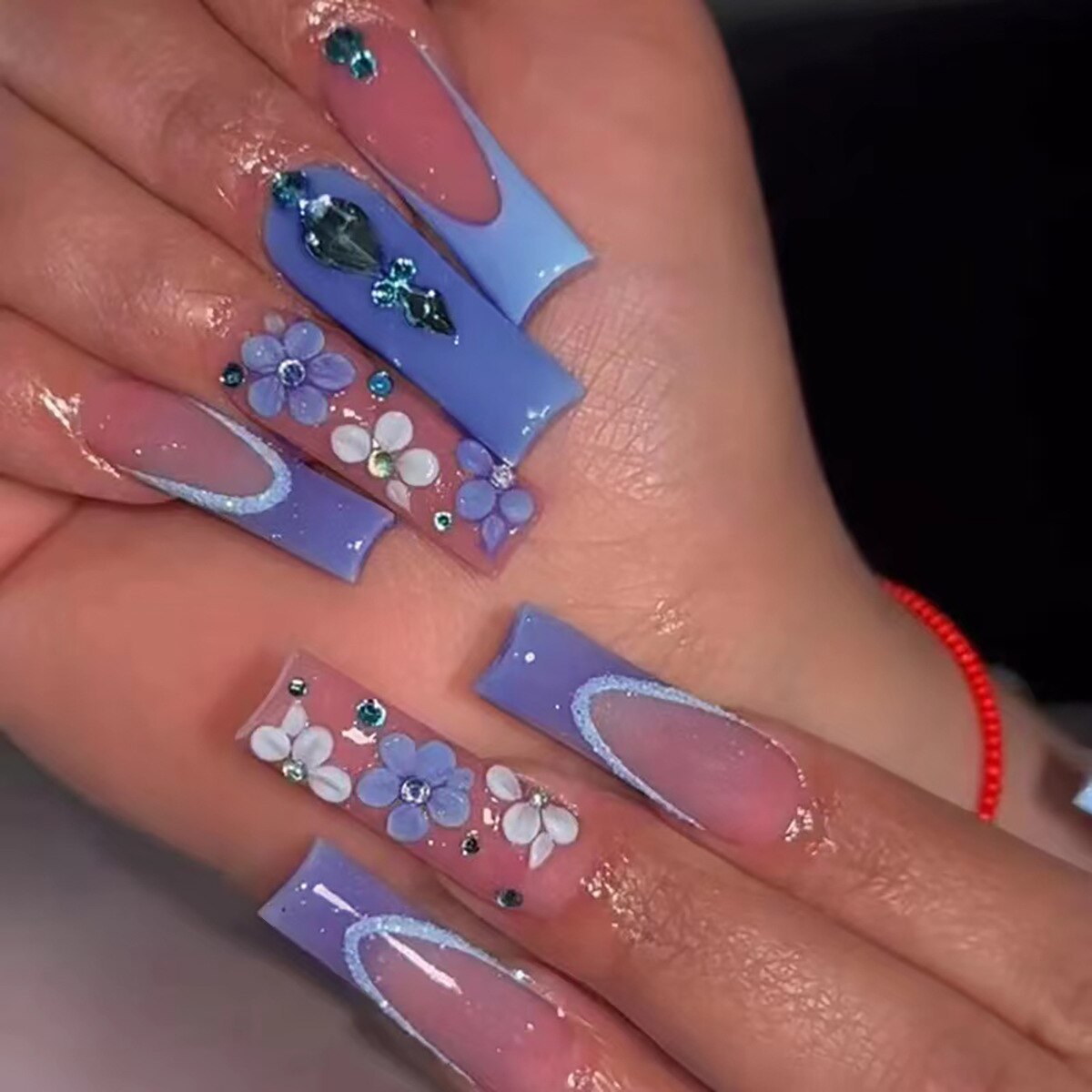 Lianfudai current nail trends 2023  24Pcs Ballet False Nails Press on Long Coffin Square Head Fake Nails with Line Flowers Design Nail Tips Wearable Nails Art