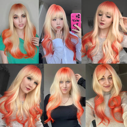 sengpan Orange Blonde Ombre Long Wavy Synthetic Wigs with Bangs Party Cosplay Wig for Women Natural Fake Hair Heat Resistant