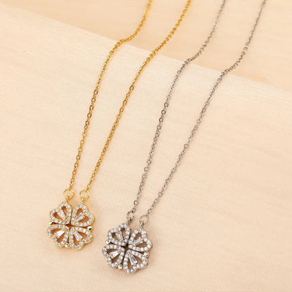 Lianfudai New Two-wearing Heart-to-heart Women's Open-close Clover Necklace Fashion Love Folding Design Collar Chain Pendant Necklace