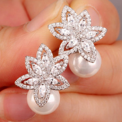 sengpan Fashion Imitation Pearl Wedding  Jewelry Elegant Zircnia Crystals Stud Earrings For Women Patry Dress Accessories CE1858