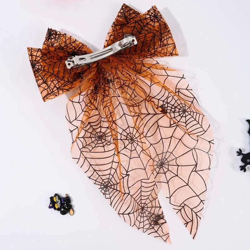 sengpan Halloween Large Bow Hair Clip Spiderweb Bows Hairpin for Women Terror Skull Mesh Bowknote Barrettes Girl Hair Accessories