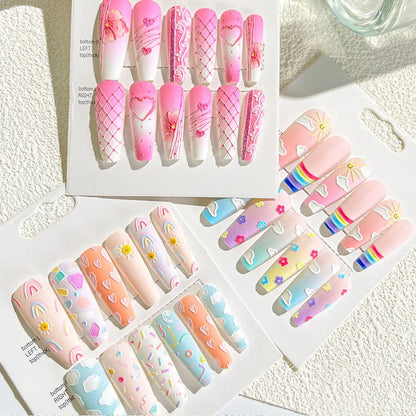 sengpan 12pcs Wearable Press on Fake Nails with Relief Design Shiny Design  Lovely Girl False Nail with Wearing Tools Nail Art Supplies