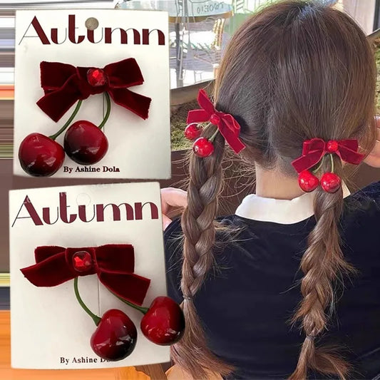 sengpan Cherry Red Bow Velvet Texture Elegant Hair Clip Fashionable Versatile Edge Hairpin Sweet Cool Headwear Girl Hair Accessories