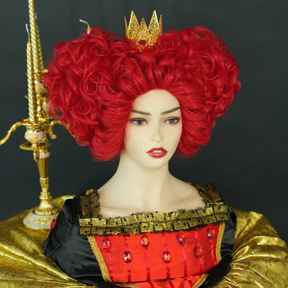 Lianfudai  WIGS New Royal Red Queen Wig Light Red Short Curly Hair Synthetic Heart Cosplay Wigs Halloween Costume Party Wig