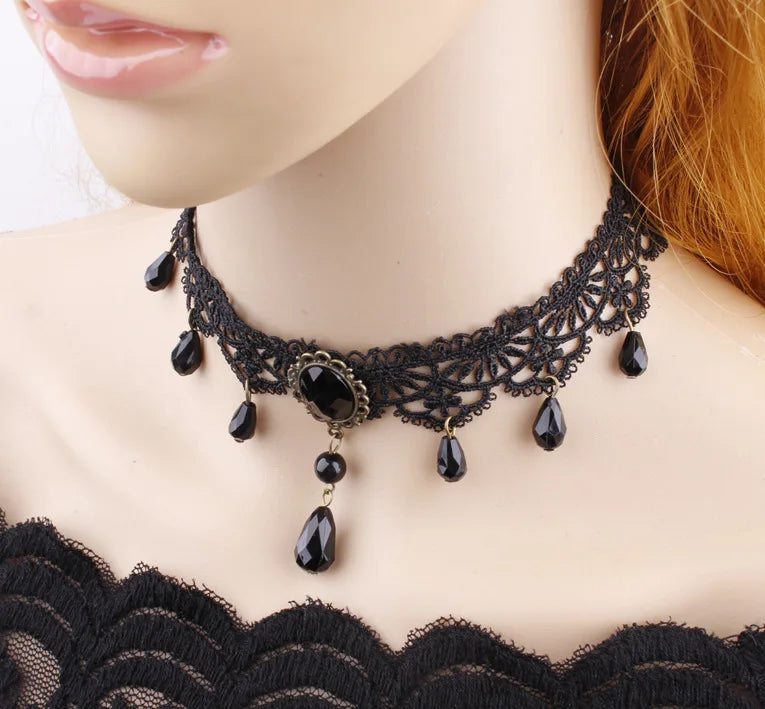 sengpan  Fashion Gothic Victorian Crystal Tassel Tattoo Choker Necklace Black Lace Collar Vintage Women Wedding Jewelry