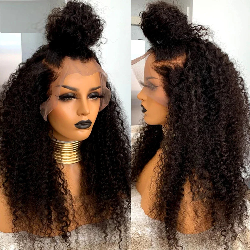 sengpan Black 26 Inches Long 180%Density Glueless Kinky Curly Preplucked Lace Front Wig With BabyHair Heat Temperature Daily Cosplay Wig