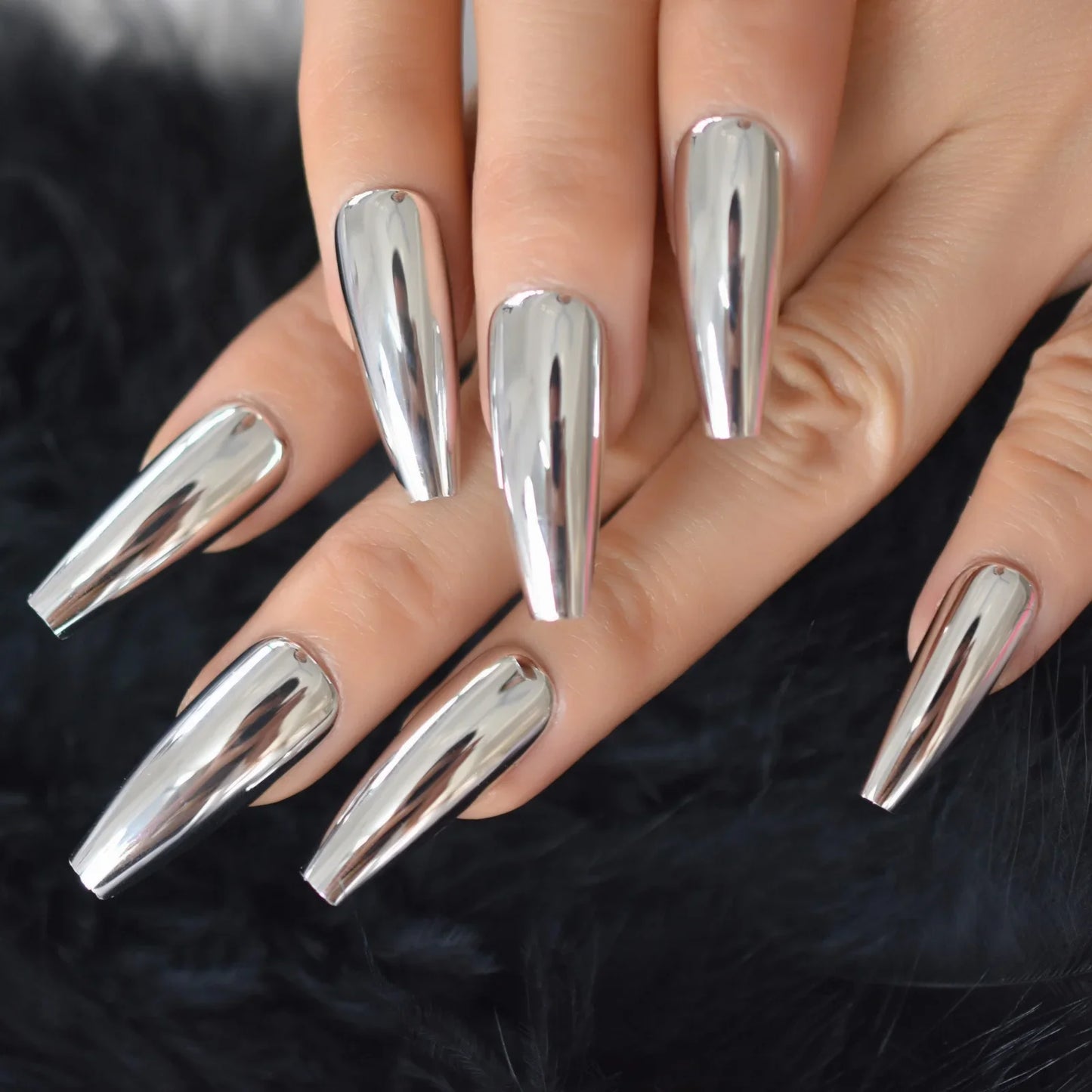 sengpan Silver Coffin Fake Nails Long Ballet Metallic False Nail Tips Solid Color Mirror Press On Nails Art Manicure At Home Salon Tools