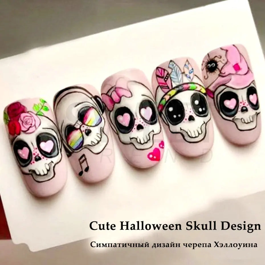 sengpan Cute Halloween Nail Design Sticker Pink Cartoon Skull Pumpkin Spooky 3D Punk Holiday Manicure Slider Nail Art Accessories BEF886