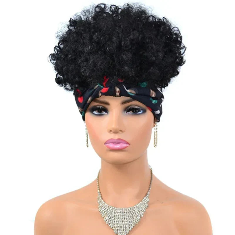 sengpan Short Kinky Curly Headband Wigs  Afro Puff Curly Headband Wig For Women Natural Synthetic Turban Wrap Wig  Cosplay Daily Use