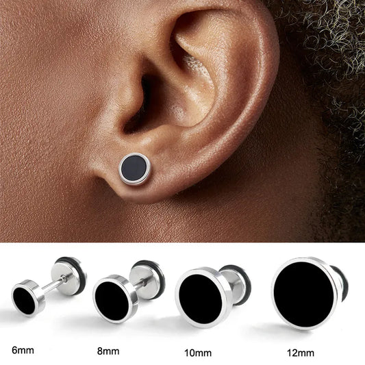 sengpan Men's Earings Titanium Steel Round Black Oil Drip Stud Earrings For Men Korean Fashion Stainless Steel Punk Jewelry Accessories