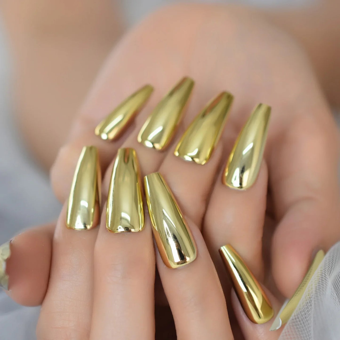 sengpan Metallic Coffin Nail Tips False Nails Long Ballerina Gold Mirror Fake Nails Press On Full Set For Fingernail Decorations