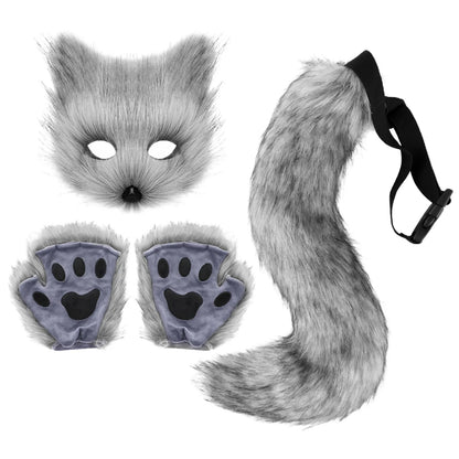 sengpan Fluffy Fur Fox Tail Keychain Cat Paws Gloves and Wolf Therian Mask Set for Halloween Cosplay Costume Accessories