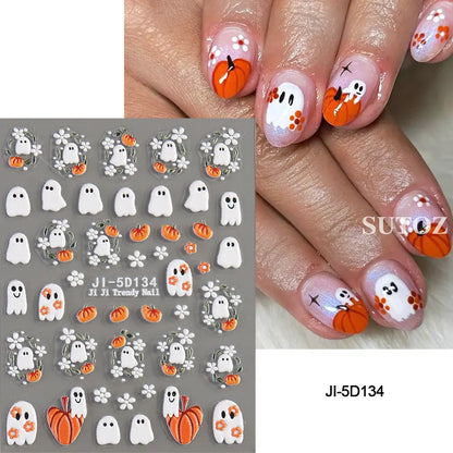 sengpan 5D Embossed Ghost Nail Art Stickers Halloween Cartoon Pumpkin Skull Nail Decals Spider Web Daisy Sliders For Manicure NTJI-5D131