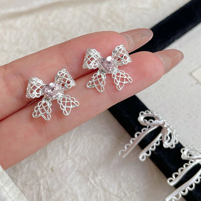 sengpan Sweet Heart Crystal Ribbon Bowknot Stud Earrings for Women Inlaid Zircon Hollow Bow Korean Style Girl Earrings Y2K Jewelry Gifts