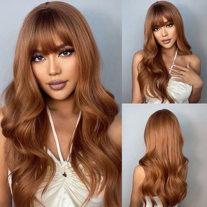 sengpan Orange Blonde Ombre Long Wavy Synthetic Wigs with Bangs Party Cosplay Wig for Women Natural Fake Hair Heat Resistant