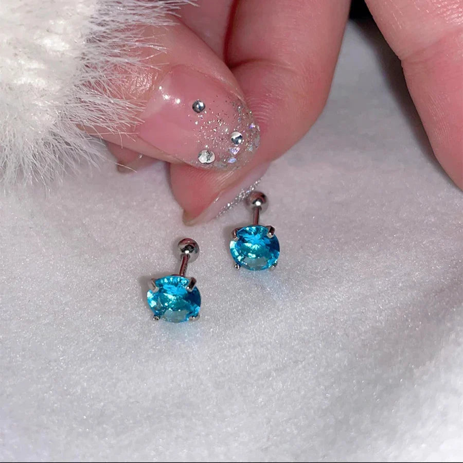 sengpan New Fashion Simple Bling Blue Zircon Stainless Steel Earrings for Women Niche Design Charms Studs Sweet Elegant Party Jewelry