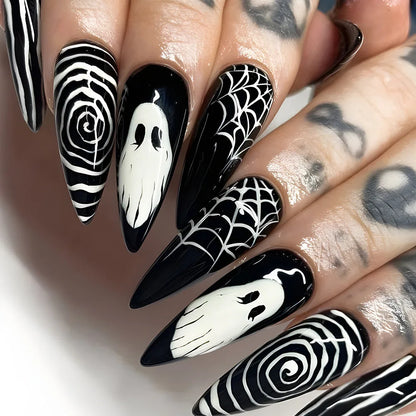 Lianfudai 24pcs Short Halloween Fake Nails Cute Pumpkin Cat Ghost False Nail Patch Full Cover Wearable Fake Nail Tips 2024 Halloween Gifts