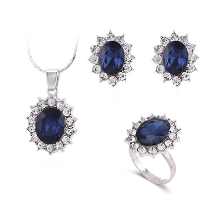 sengpan Luxury Designer Set for Girlfriend and Mother Blue Zircon Crysta Necklace Earrings Ring Sets Bridal Accessories Three Piece Gift