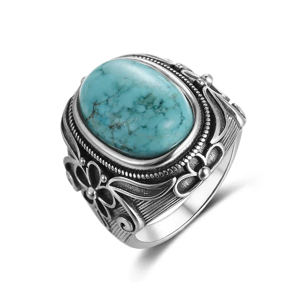 sengpan  Sterling Silver Jewelry Ring Natural 11X17MM Oval Turquoise Ring for Women Men Gift Retro Large Ring Wholesale