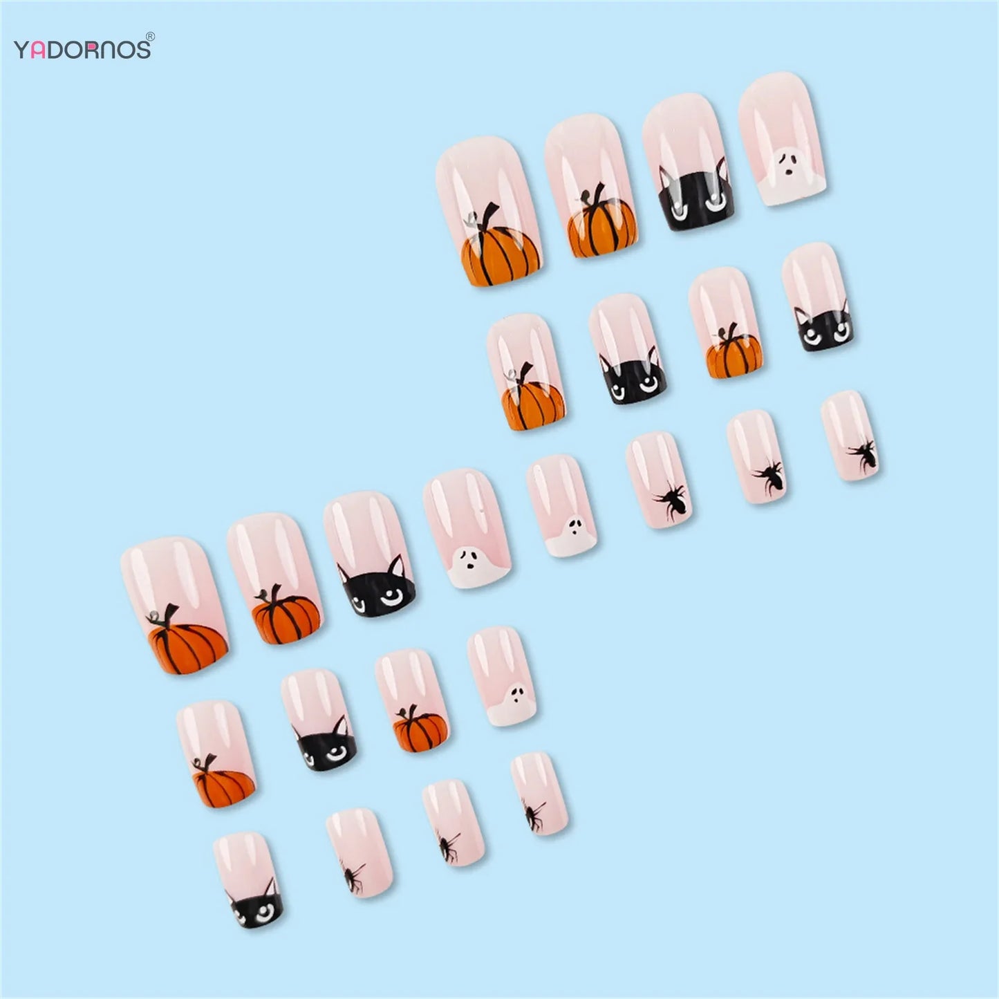 sengpan 24pcs Halloween Theme False Nails Short Square Press On Nails With Ghost Pumpkin Black Cat Designs Full Cover Fake Nail Tips