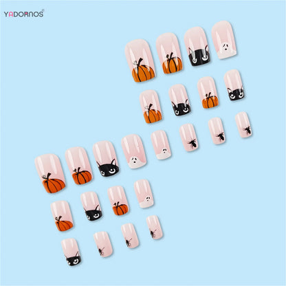 sengpan 24pcs Halloween Theme False Nails Short Square Press On Nails With Ghost Pumpkin Black Cat Designs Full Cover Fake Nail Tips