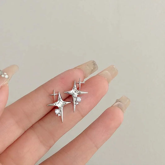 Lianfudai 2024 Fashion Silver Color Cross Star Zircon Stud Earrings for Women Girl Korean Four-Pointed Star Personality Earrings Jewellery