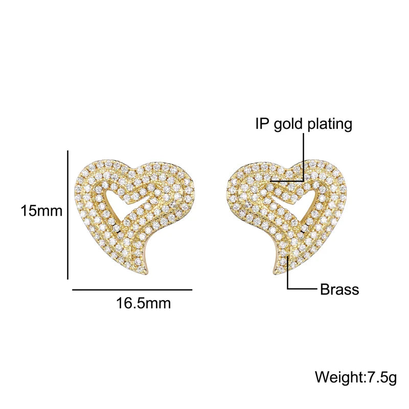 sengpan Hip Micro 1Pair Heart Shape Pave Baguette Cubic Zircon Stone Ice out Stud CZ Earring Bling Copper Earrings For Women Men Jewelry