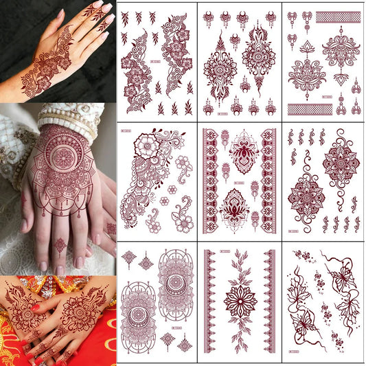 sengpan Brown Henna Tattoos for Women Flower Mehndi Tattoo Sticker for Hand Waterproof Fake Tattoo Hena Tatoo for Wedding Party Body Art