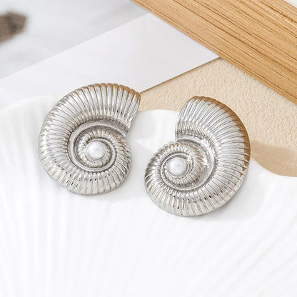 Lianfudai Spiral snail earrings imitation pearls high-end simple earrings fashionable retro ladies beautiful jewelry 2024