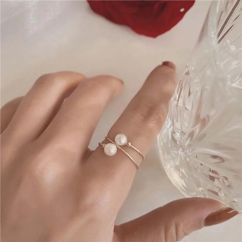 sengpan Korean Retro Natural Pearl Shell Beaded Ring For Women Fashion Party Finger Ring Jewelry Women Gift