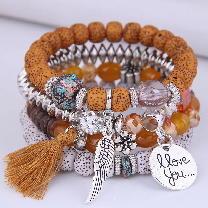 sengpan  Bohemian Multicolor Pink Crystal Beads Bracelets Women Girls Elastic Tassel Wing Letters Rope Bracelet Pulseira Feminina