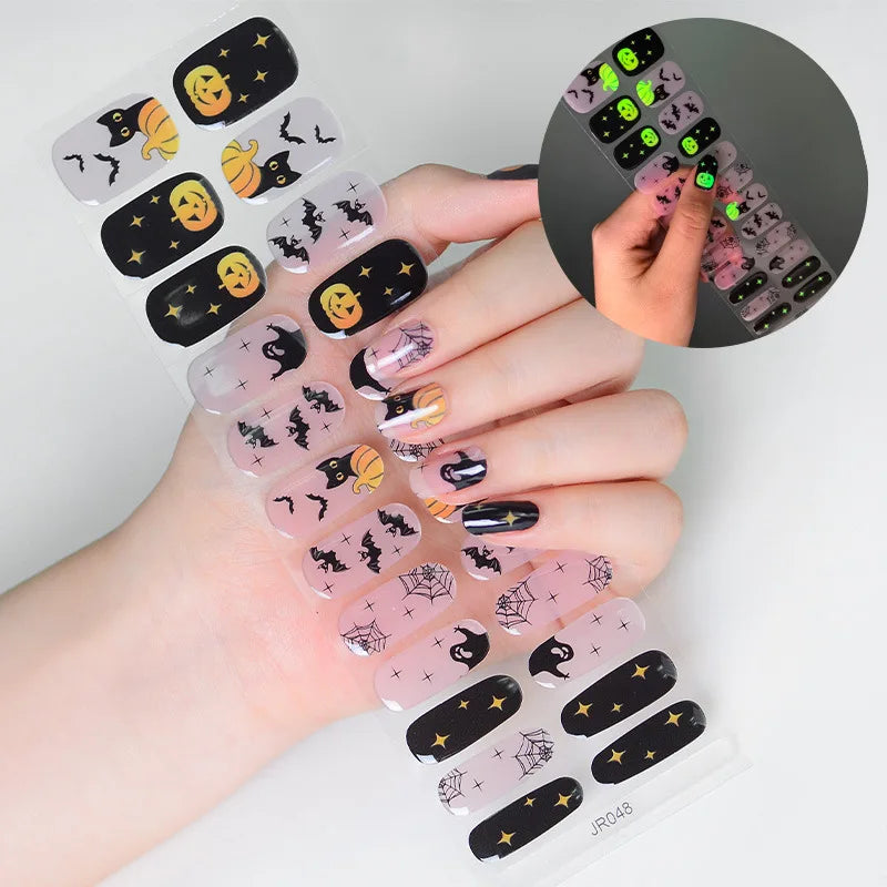 sengpan Halloween Pumpkin Ghost Gel Nail Art Stickers Adhesive Waterproof Semi Cure Gel Nails Wraps for UV Lamp Need Charm Manicure