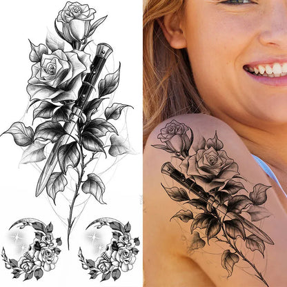 sengpan Waterproof Temporary Tattoo Stickers for Women Black Sexy Rose Butterfly Flowers Body Art Tattoo Arm Legs Sleeve Fake Tattoos