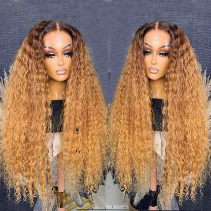 sengpan Soft Preplucked 26Inch 180%Density Glueless Ombre Honey Blonde Kinky Curly Lace Front Wig With BabyHair Heat Temperature Daily