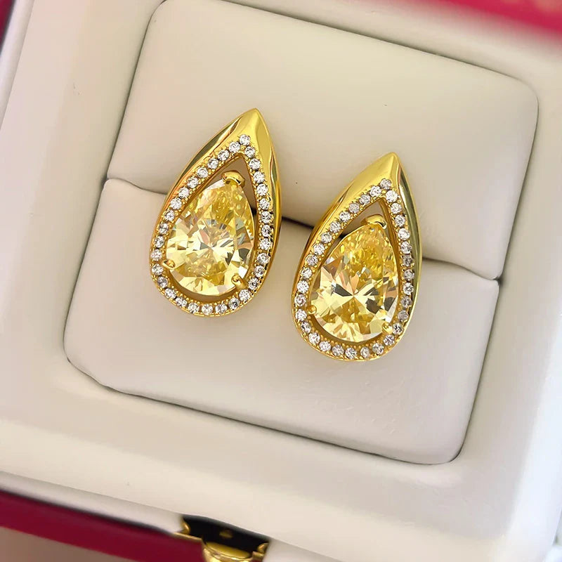 sengpan Trendy Waterdrop Shaped Stud Earrings Women Gold Color Luxury Pear Yellow Cubic Zirconia Earrings for Wedding Jewelry