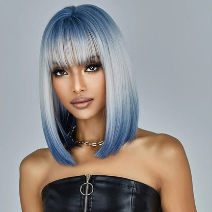 sengpan Medium Length Blue White Ombre Straight Synthetic Hair With Bangs Short Bob Cosplay Wig for Women Daily Party Heat Resistant