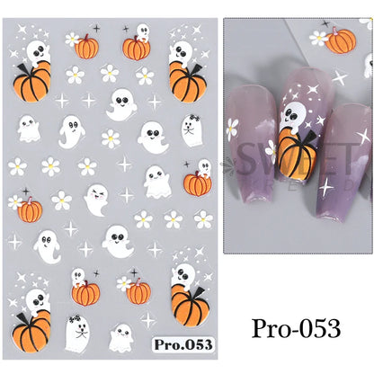 sengpan 3D Halloween Nail Stickers Cartoon Mummy Bandages Ghost Eyes Pumpkin Spider Web Blood Drops DIY Winter Matte Nail Art Decoration