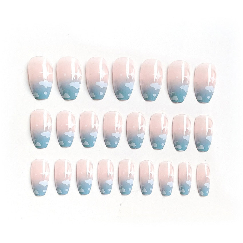 sengpan 24p Artifical Fake Nails Full Coverage False Nails White Clouds French Long Wearing Reusable Nail Coffin Ballerina Press on Nail