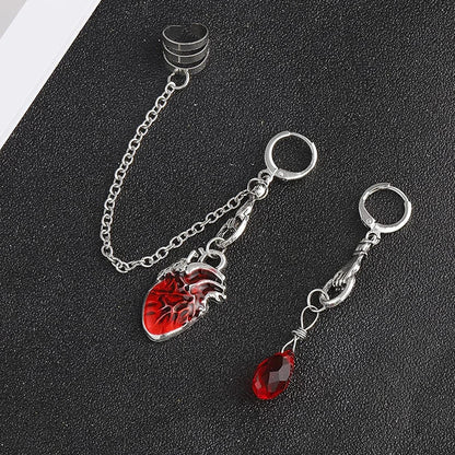 sengpan Beating Heart Huggie Earrings Gothic Punk Scary Red Bleeding Heart Asymmetrical Ear Cuffs Clips Hoop Earrings Halloween Party