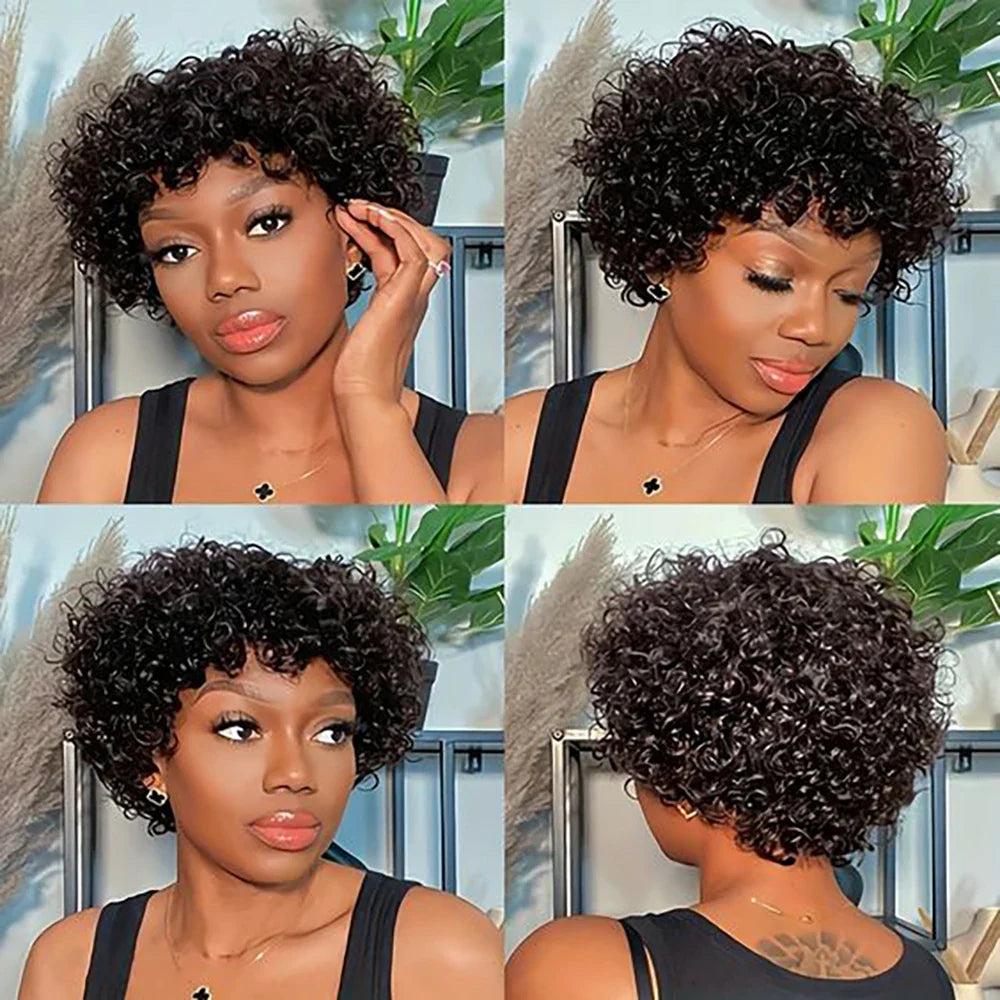 sengpan Short Curly Human Hair Wig With Bangs Wear and Go None Lace Front Human Hair Wigs for Black Women 180% Density Kinky Curly Wigs