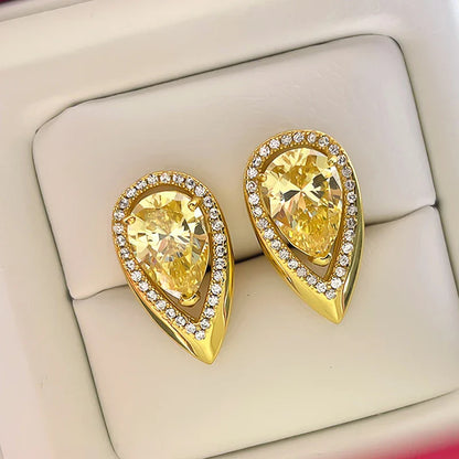 sengpan Trendy Waterdrop Shaped Stud Earrings Women Gold Color Luxury Pear Yellow Cubic Zirconia Earrings for Wedding Jewelry