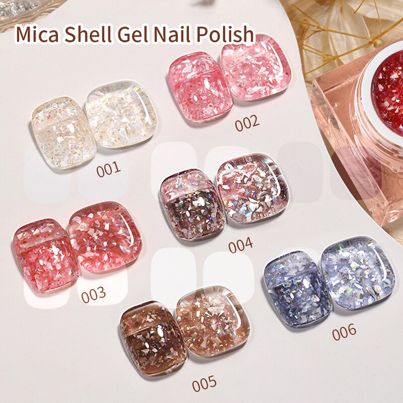 Lianfudai 2023 New Gel Nail Polish 6 Colors Mica Shell Ice Transparent Shell Color Canned Nail Polish Gel Shiny Galaxy UV LED Soak Off Gel